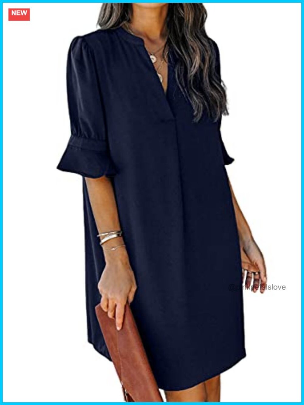 Women's Ruffle Short Sleeve V-Neck Shift Dress Casual Midi